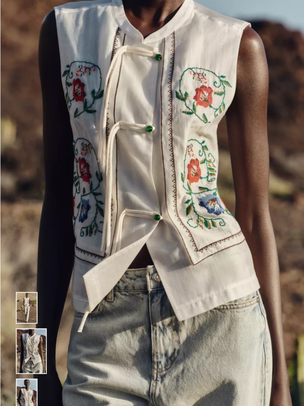 Zara White Embroidered Sleeveless Button-Front Blouse